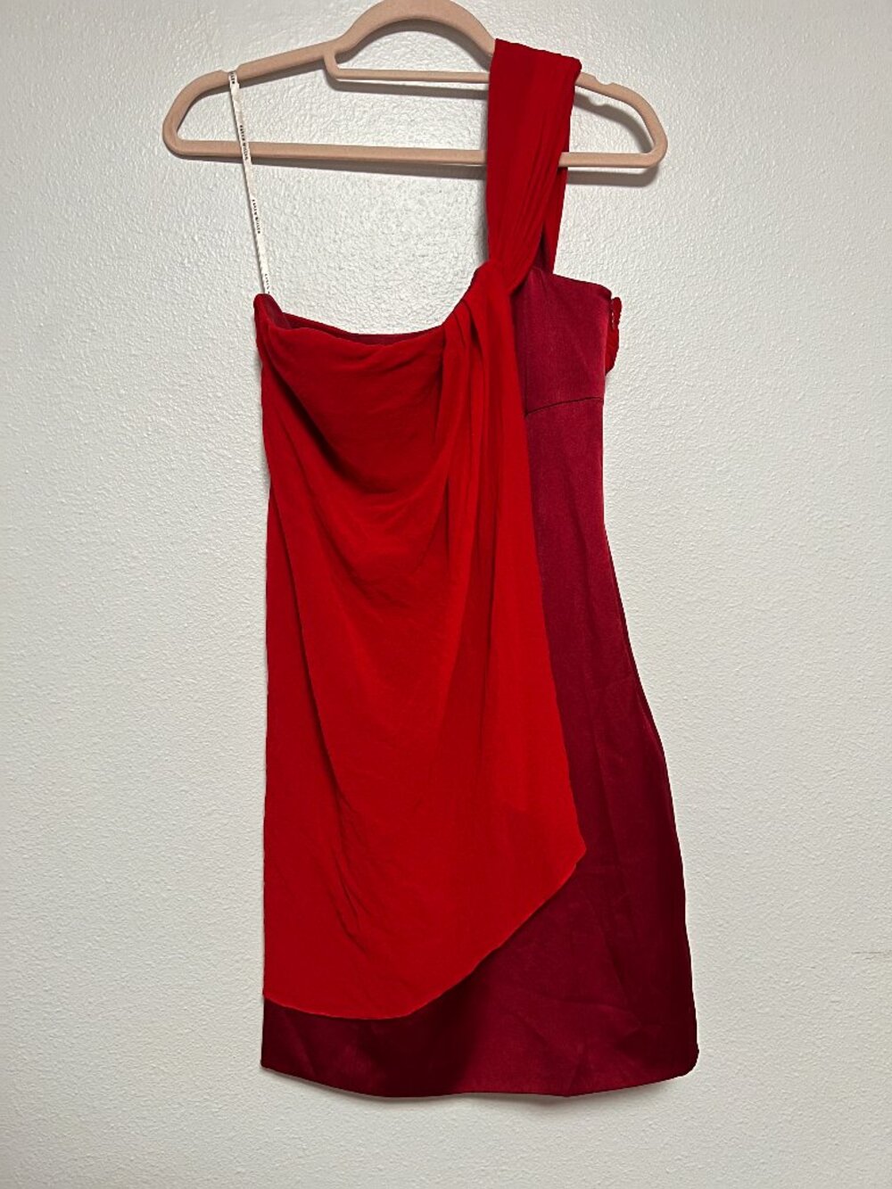 Karen Millen Red Silk One Shoulder Draped Satin Sheath Cocktail Dress US 8 UK 12